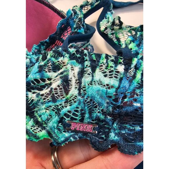 Date racerback 34D snap front bra full coverage underwire blue lace EUC VS PINK - Picture 5 of 8